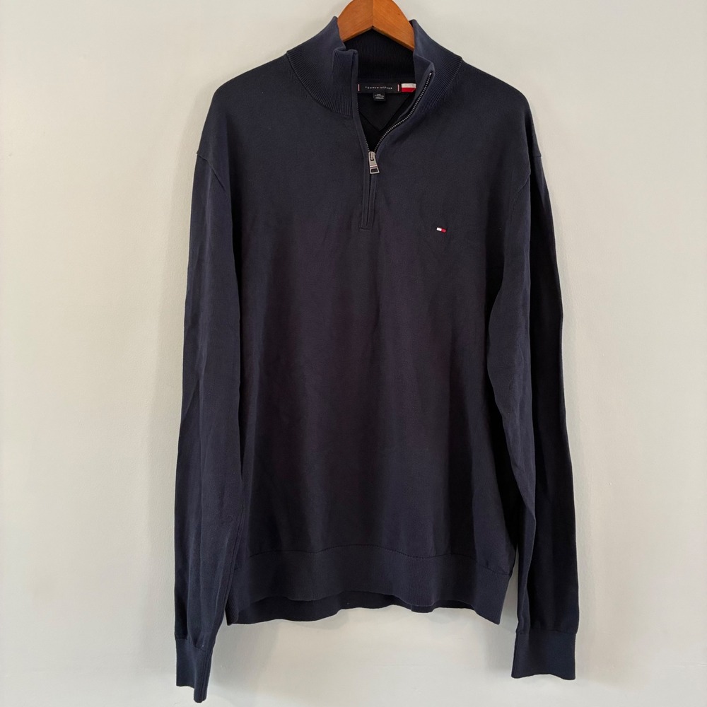 Tommy Hilfiger Sweater XXL Navy Quarter-Zip Cotton Preppy Classic Coastal Ivy